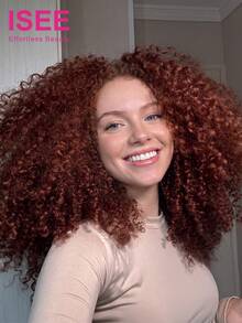 ISEE Hair S33 Reddish Brown Color Kinky Curly Half Wig Human Hair 14-28 Inch 180% Density Defined Curls Full & Bouncy Protective Style Adjustable Straps Natural Texture Daily Wear - S33 - View 1