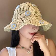1pc Women's Embroidered Sunflower Hollow Straw Hat, Fashion Bohemian Style Handmade Crochet Straw Hat, Suitable For Vacation Beach Look - Multicolor - View 6