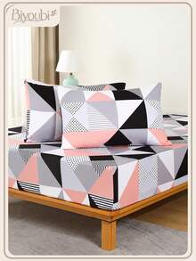 3Pcs Fitted Sheet Sets Geometric Pattern 1 Fitted Sheet + 2 Pillowcases - Pink - View 1