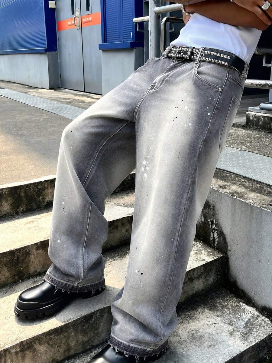男士休閒現代淺色水洗直筒牛仔褲，拉鍊細節設計，長款純色 Suffer Nephew 全丹寧 - 灰色 - 查看 1