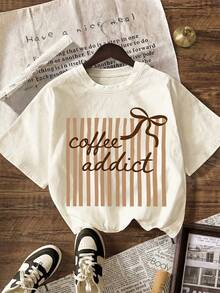 Women's Coffee Lover Bow Sweet Style Coffee Fan Retro Striped Autumn Back To School Outing, Women's Casual Round Neck Short Sleeve Minimalist T-Shirt - Multicolor - View 1