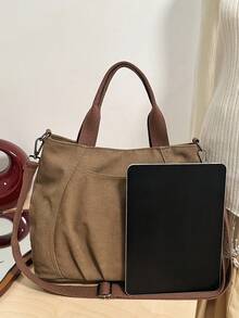 Vintage Contrast Color Canvas Tote Bag, Ruched Front Design Removable Strap Shoulder & Crossbody Bag, Soft Lightweight Handbag For Ladies Commute - Multicolor - View 9