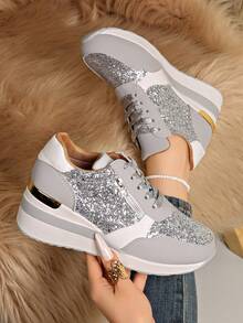 Women's INS Trending Running Shoes, New Export Style Breathable Wedge Heel Casual Sports Shoes, Plus Size - Grey - View 2