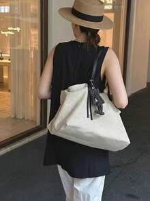 大容量刺繡托特包 女款 2026新款 休閒通勤包 亞麻帆布枕形包 無吊飾 - 杏色 - 查看 5