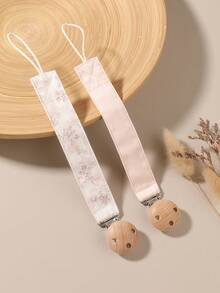 2pcs Baby Corduroy Solid Color Fashion Printed Pacifier Anti-Drop Chain, Solid Color Blue Pink Khaki Bow Pacifier Chain, Wooden 3-Hole Pacifier Clip, Suitable For Daily Use - Multicolor - View 9