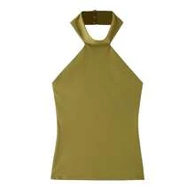 Women's Halter Neck Tank Top, Green & Blue Backless Sleeveless Elegant Outfit, Summer Y2K Slim Fit Tank Top - Green - View 5