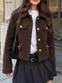 Women's Fashion Brown Woven Fabric Long Sleeve Lapel Formal Style Jacket, Gold Buttons, Suitable For Autumn/Winter Wear - Mocha Brown - View 1