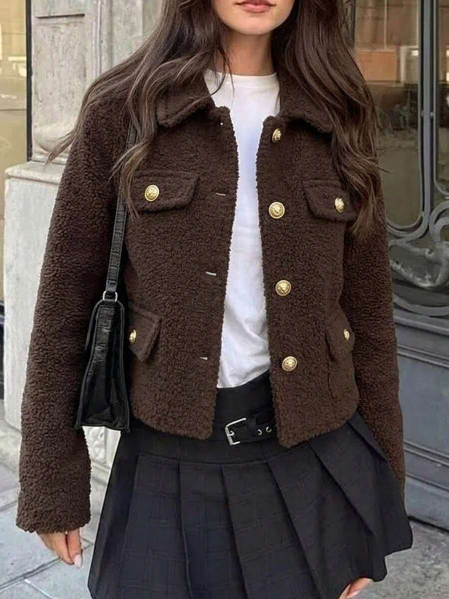 Women's Fashion Brown Woven Fabric Long Sleeve Lapel Formal Style Jacket, Gold Buttons, Suitable For Autumn/Winter Wear - Mocha Brown - View 1
