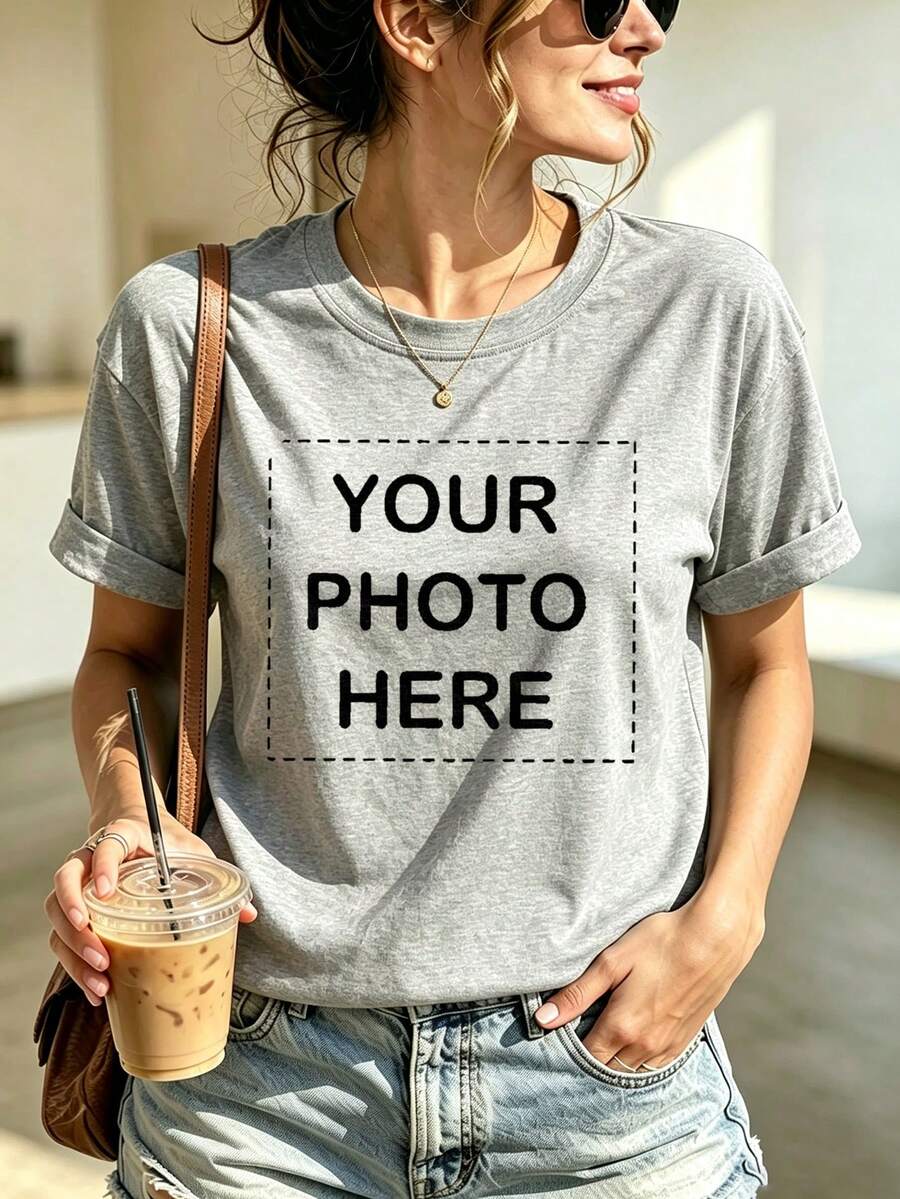 Personalized Women's T-Shirt, Customizable With Text And Photos, Suitable For Christmas Party And Holiday Gift Casual Summer, Birthday Custom Printed T-Shirt - Light Grey - View 1