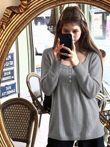 Women's Twisted Knit Solid Color Square Neck Base Layer Top, Autumn/Winter Long Sleeve Knit Top, Y2K Tops - Baby Blue - View 4