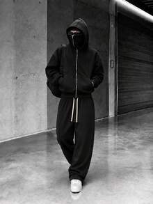 YUNCHIC 高街暗黑機能風男士面罩連帽衛衣套裝，全拉鍊品牌 2 件套穿搭 - 黑色 - 查看 1