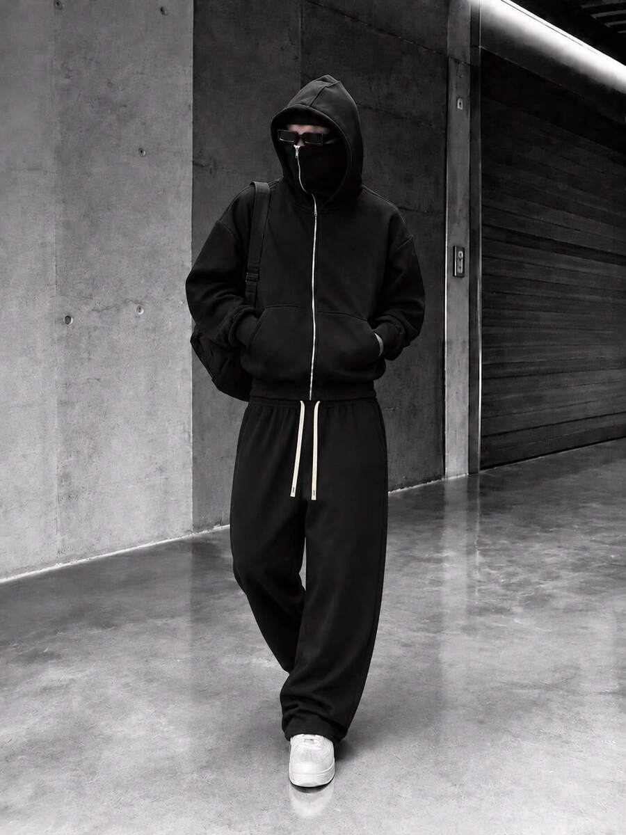 YUNCHIC 高街暗黑機能風男士面罩連帽衛衣套裝,全拉鍊品牌 2 件套穿搭 - 黑色 - 查看 1