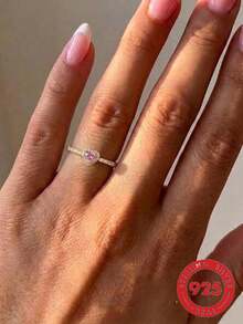 925纯银甜美粉色心形戒指，镶嵌合成立方氧化锆，精致女士结婚/新娘戒指，送给爱人的特别礼物，精美珠宝 - 金黃色 - 查看 1