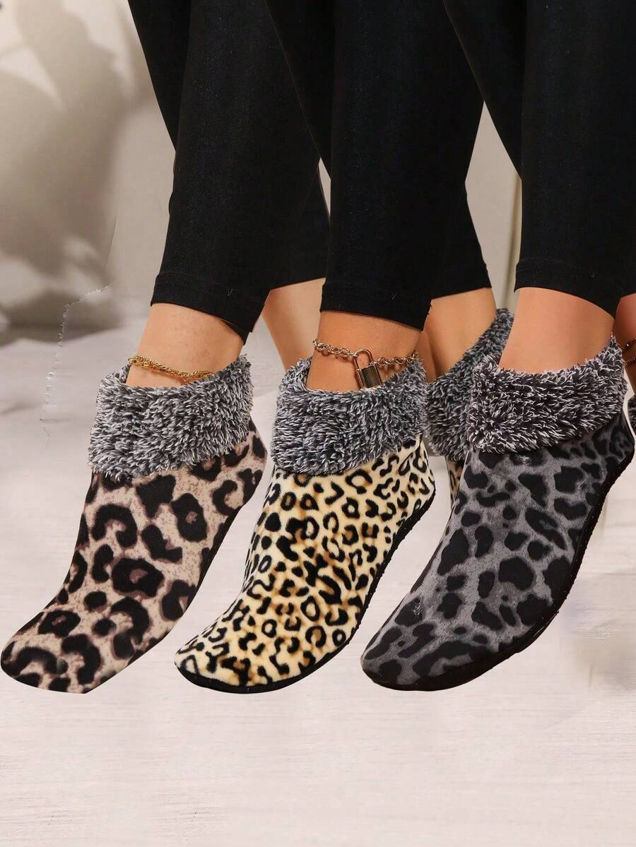 3 Pairs Women's Winter Floor Socks, Leopard Print Women's Home Socks, Thick Warm Lined Snow Socks - Multicolor - View 1