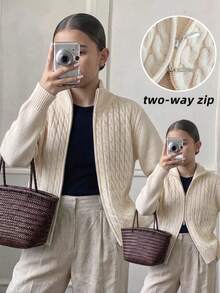 Girls' College Style Solid Color Cable Knit High Neck Cardigan Sweater, Suitable For School Daily Wear In Spring, Autumn And Winter - Apricot - View 1