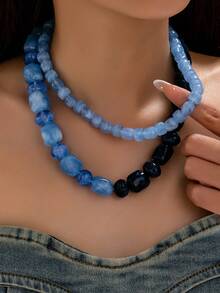 OABE 2pcs/Set Bohemian Style Asymmetrical Handmade Beaded Necklace With Dual-Tone Contrast Design, Suitable For Women's Daily Wear, Beads Color And Shape Random - Multicolor - View 2