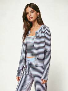 Fall/Winter Striped Long Sleeve Knit Cardigan & Vest 2 Pieces Casual Set For Women - Blue - View 5