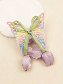 1/2pcs Embroidered Mesh Butterfly Scrunchie With Rhinestone Heart Decor And Tulip Pendant, Gentle Hair Tie For Girls - Multicolor - View 11