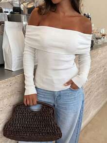 Sweater Rajut Wanita GLAMSKIN Musim Gugur Warna Polos Bahu Terbuka Lengan Panjang Bertekstur Rib, Lipat Kerut Bardot Slim Fit, Outfit Fashion Kasual Glam Musim Gugur - Putih - View 2