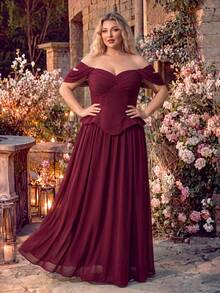 QOQ Plus Size Women Elegant Charming Chiffon Sleeveless Formal Evening Gown, Ruched Bust, Pleated Design, Suitable For Ball, Wedding Guest, Cocktail Party, Long Occasion Dress - Burgundy - View 4