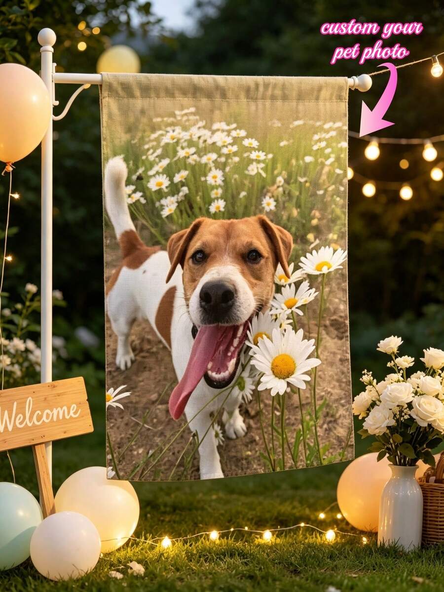 1pc Customized Pet Photo Garden Flag, Personalized Dog Cat Photo Yard Sign, Customized Pet Name Outdoor Garden Banner, Double-Sided Yard Decor, Spring Summer Lawn Decoration, Patio Porch Decor, Pet Lover Gift - Multicolor - View 1