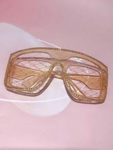 1pc Rhombus Glitter PC(Polycarbonate) Women's Rhinestone Trimmed Large Frame One-Piece Decorative Glasses Frame Hollow Mesh No Lens Party Photo Shoot Costume Accessory All Season - Multicolor - View 8