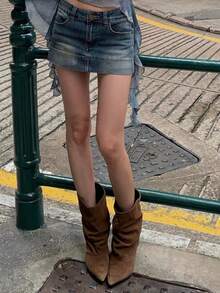 Women's Short Ruched Pointed Toe Fashion Elegant High Heel Ankle Boots Western Style Buckle Holiday - Coffee Brown - View 3