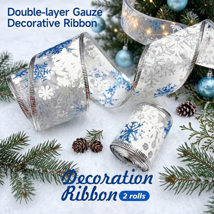2 Rolls Blue & White Snowflake Glitter Semi-Transparent Double Layer Ribbon - 5CM Wide, Total Length 5.9M - For Making Bows - With Sparkling Snowflake Design, Suitable For Christmas Tree Wreaths, Winter Wreath Bows, Gift Wrapping And Home Decor, Holiday Ribbon, Snowflake Pattern, Durable Ribbon, Craft Ribbon, Gift Ribbon/Roll/Ribbon, Christmas Packaging Accessories, Gift Wrapping Accessories, Christmas Decoration. - Snowflake - View 1