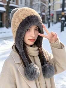 Colorblock Plush Warm Ear Protection Windproof Winter Hat With Pom Pom And Tassel, Soft Warm Headwear For Women, Suitable For Snow Outdoor Daily Wear, 4 Colors Available - Multiple Styles - View 13