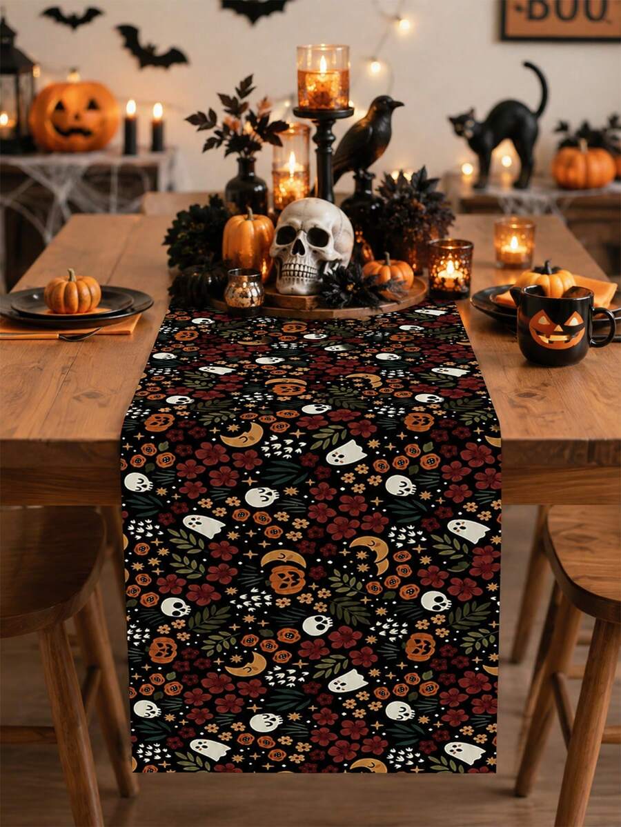 1pc Black Floral Skull Halloween Table Runner, Dark Linen Long Table Runner With Ghost, Pumpkin, Moon And Plant Pattern, Gothic Farmhouse Style Halloween Party Dining Room Decor, Suitable For Kitchen, Buffet, Autumn Seasonal Decoration - Multicolor - View 1