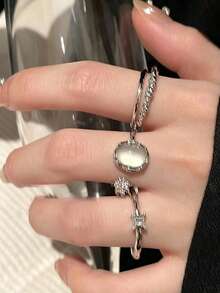 3pcs Copper Vintage Fashion Coconut Round Pleated Open Ring Set For Women, Niche Design, High-End Minimalist Versatile Index Finger Rings, Suitable For Daily Wear And Holiday Occasions - Silver - View 3