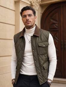 Men's Autumn/Winter Fashion Sleeveless Lapel Contrast Color Cotton Padded Vest, Suitable For Daily Commute, Vacation - Green - View 2