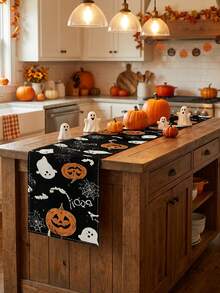 1pc Halloween Linen Table Runner, Black Gothic Rectangular Table Decor With Pumpkin, Ghost, Spider Web, Bat And Boo Print, Spooky Fall Tabletop Decoration For Halloween Party, Kitchen And Home - Multicolor - View 4