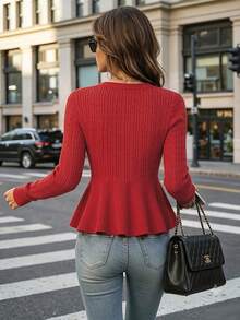 HOMEYEE Women's Bright Red Round Neck Cable Knit Sweater With Metal Bow Button Front, Cinched Waist, Ruffle Hem, Slim Fit Long Sleeve Pullover Top - Red - View 3