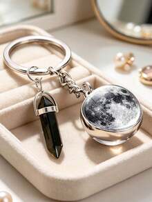 Double-Sided Glass Ball And Star Decor, Dreamy Starry Sky Shaped Glowing Synthetic Gemstone Keychain, Solar System Planet Keychain, Moon, Mercury, Mars Keychain, Fashionable Bag Accessory, Wallet Backpack Handbag Pendant, Car Key Earphone Case Accessory, Suitable For Back To School Season, Unisex Gift, Also Suitable For Friends Or Family, Suitable For Hiking And Beach Play - Multicolor - View 4