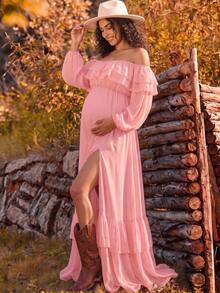 Maternity Ruffle White Long Sleeve Ruffle Hem Dress, High Slit Floor Length Gown, Loose Belly-Covering Maternity Dress For Pregnancy Photoshoot, Vacation, Party - Pink - View 5