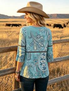 VEXHEIMA Western StyleWomen's Fashionable Retro Blue Paisley Print Three-Quarter Sleeve Color-Blocked Print Round-Neck Asymmetrical Hem Top - Multicolor - View 3