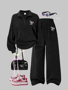 2 Pieces Set For Young Women And Girls, Half-Zip Sweatshirt With Pink Bow Print And Wide-Leg Pants, Loose Fit Stand Collar Sweatshirt And Loose Wide-Leg Pants Matching Set, Suitable For Autumn/Winter Daily Wear - Black - View 2