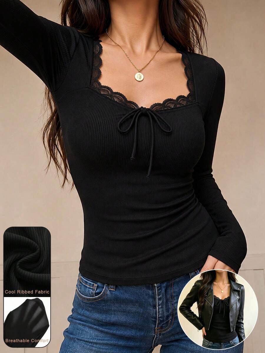 Ladies Lace Trim Square Neck Long Sleeve Ribbed Top, Front Bow Tie Slim Fitted Solid Knit Tee, Casual Blouse For Daily And Going‑Out Occasions