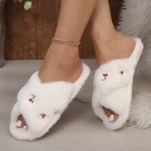 Cute Cherry Embroidered Cross Strap Fuzzy Slippers, Soft And Skin-Friendly, Versatile Women's Slippers For Home, Bedroom, Daily Wear And Outings - White - View 4