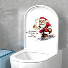 1pc Creative Cartoon Santa Claus Holding Toilet Paper Roll Bathroom Toilet Sticker Home Decor Self-Adhesive Wall Decal - A - View 3