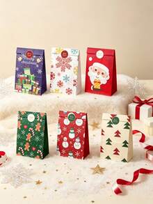 13pcs Christmas Santa Claus Print Gift Bags Set, Gingerbread Man & Christmas Tree Pattern Gift Bags With Christmas Stickers, Party Baking Flat Bottom Paper Bags, Holiday Party Favors, Photo Props, Suitable For Christmas Gift Packaging, Holiday Gifts, Holiday Celebration Decor - Multicolor - View 3