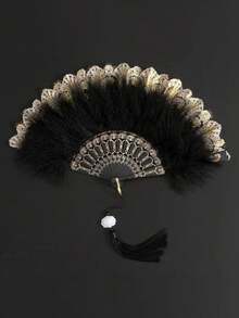 Retro Faux Feather Foldable Hand Fan, Classic Women Costume Accessory For Dance Performance,Wedding Decoration, Halloween Party And Music Festival - Multicolor - View 8