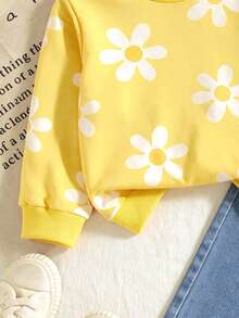 Girls Bright Yellow All-Over Daisy Print Crew Neck Sweatshirt & Denim Daisy Print Wide Leg Pants 2 Pieces Set - Yellow - View 4