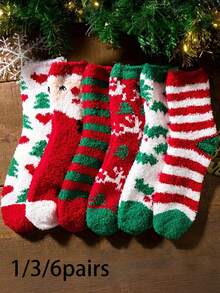 5 Pairs Women's Christmas Print Plush Socks, Soft & Warm Holiday Socks, Random Assorted Styles - Multicolor - View 11