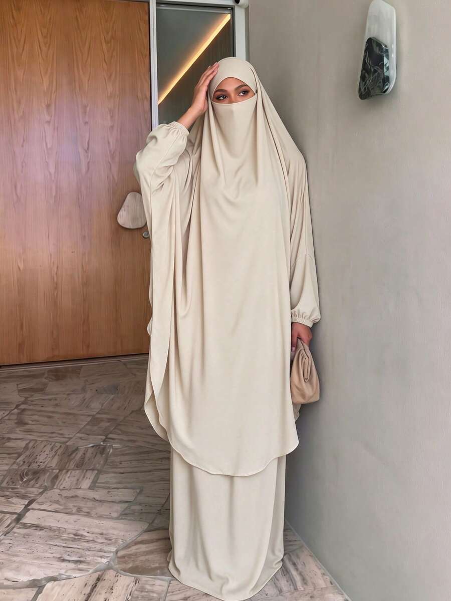 2 Pieces Prayer Abaya Set With Hijab, Elastic Cuff Modest Muslim Outfit, Full Coverage Islamic Salah Wear Woman Abaya - 13# Beige - View 1