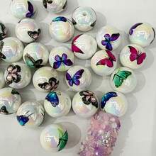 10pcs 16mm Acrylic Colorful Printed Butterfly Straight Hole Round Beads, UV Coated - Multi-Color Mixed Pack, Suitable For DIY Jewelry Making, Bracelets, Friendship Gifts, Keychains And Pen Decorations - Random Color Mixing - View 7