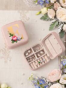 Letter PU Leather Portable Travel Jewelry Storage Box For Women, Stores Necklaces And Rings,Gift Ideas,Suitable For Home Storage And Commuting. - Flowers Letter 2 - View 53