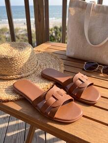 Woven Strap Square Toe Flat Slippers, Soft Faux Leather Slip-On Sandals, Summer Casual Shoes, Suitable For Daily Wear, Beach Travel And Vacation Parties - Brown - View 4