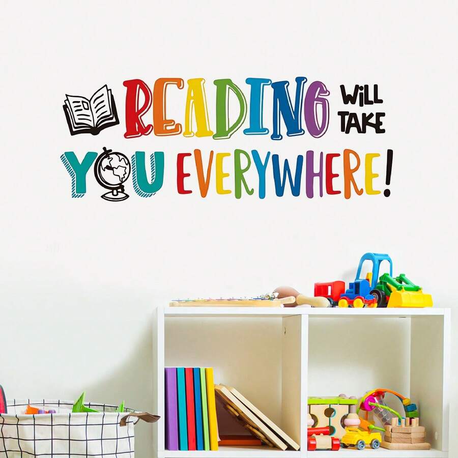 Reading Will Take You Everywhere Wall Sticker, Colorful Inspirational Reading Quote With Book & Globe Wall Decal, Removable Self-Adhesive Educational Wall Art For Kids Bedroom, Classroom, Study Room, Library & Playroom Decor - K112 - View 1